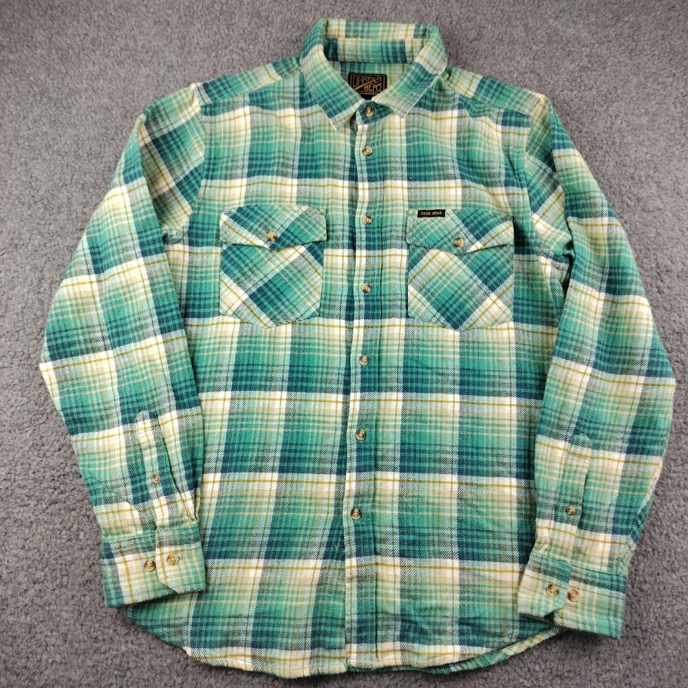 Dark Seas Cotton Button Up Mens Small Plaid Green Flannel Pockets EUC